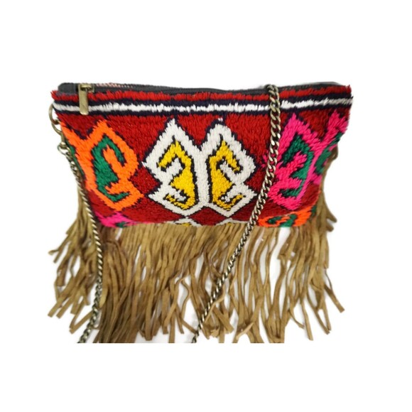 Moroccan Vintage Bag Suede Leather Fringe Clutch Kilim Rug - Picture 5 of 9